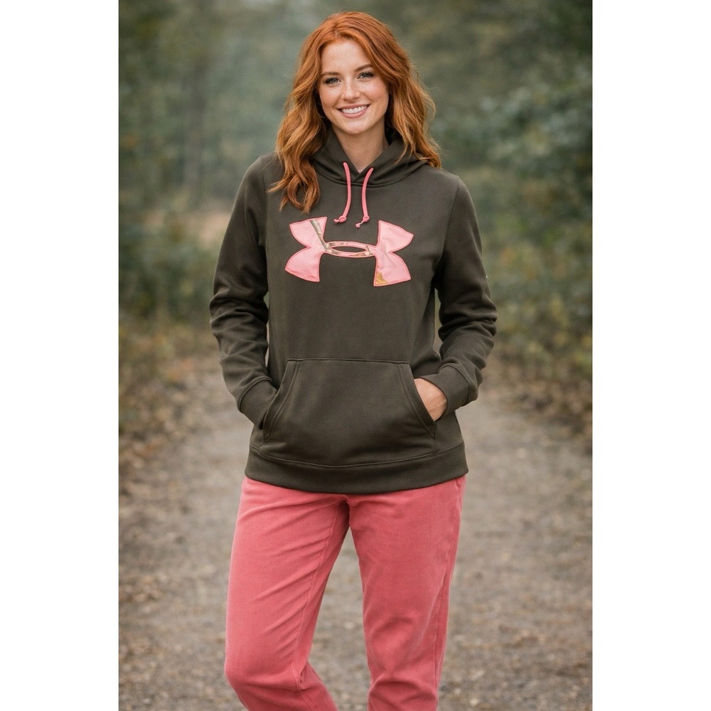 Under Armour Sweatshirt Women's‎ Sz Medium Green Pink Camo Logo Pull Over Hoodie